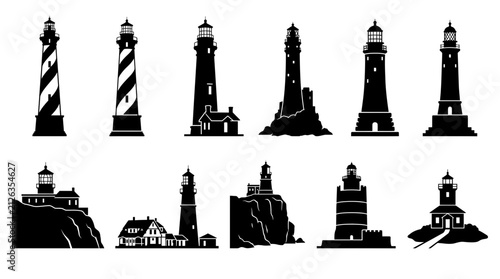 Lighthouse Silhouette Collection Set of Coastal Architecture Icons and Vector Elements