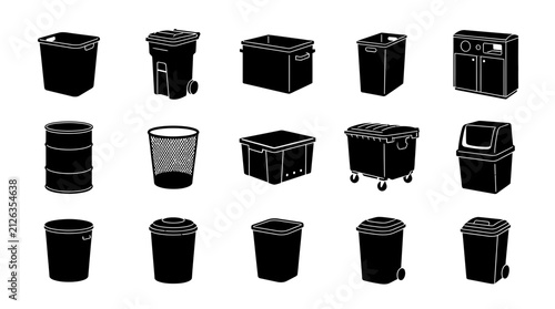 Trash Can Silhouette Icon Collection Set of Various Garbage Bins and Recycling Containers