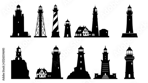 Lighthouse Silhouette Collection Set of Different Coastal Beacon Architecture Designs and Maritime Landmarks