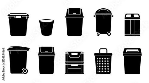 Bin and Trash Can Silhouette Set Collection of Ten Different Waste Receptacle Types