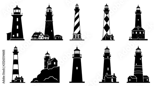 Lighthouse Silhouette Collection Set of Ten Vector Icons Depicting Coastal Beacons and Nautical Architecture
