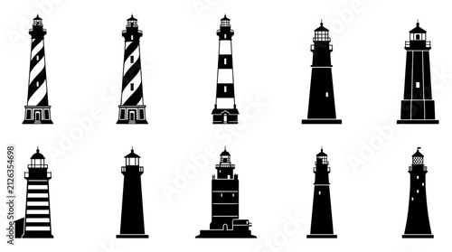 Black And White Lighthouse Icons Vector Set Depicting Various Coastal Beacon Designs