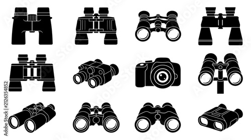 Binoculars and Camera Silhouette Icon Set Vector Illustration Collection