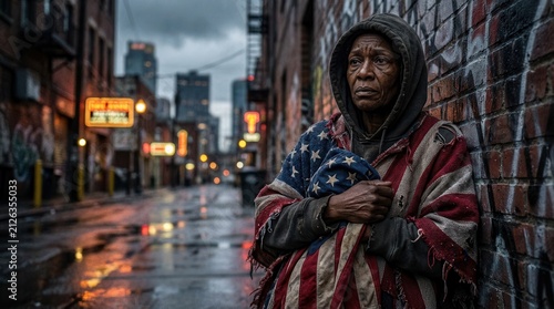 Senior homeless woman wearing worn hoodie holding tattered American flag standing in urban alleyway. Feeling of deep despair.