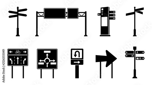Road Signs Silhouette Collection Set Featuring Directional Arrows and Traffic Signposts
