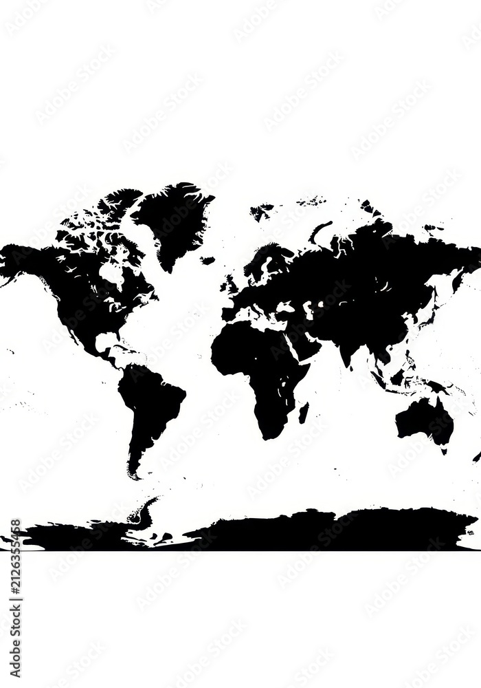Fototapeta premium Minimalist Black and White World Map Silhouette Isolated on White Background for Global Business and Travel Concepts