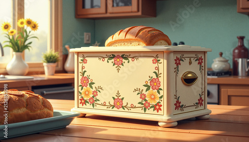 decorative bread box with floral design and loaf of bread on kitchen countertop in bright interior, concept home organization
