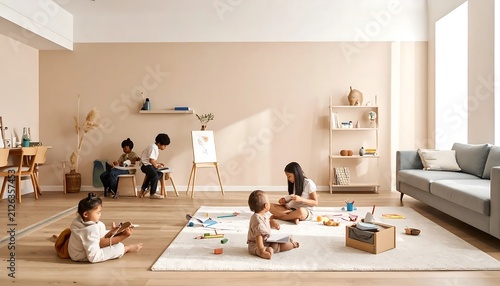 Children Engaged in Creative Play and Learning Activities in a Bright, Modern Classroom.