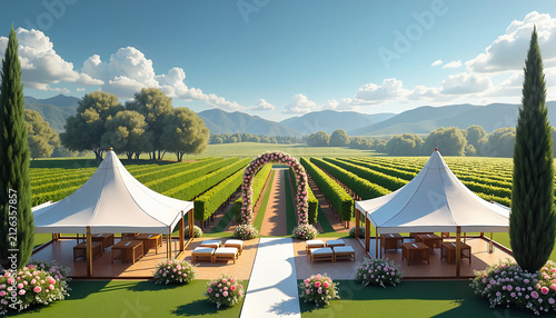 wedding setup with decorated tents and floral arch in a vineyard landscape against mountains and blue sky, suitable for event planning and celebration themes