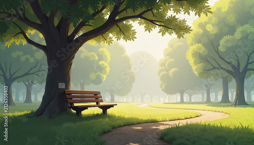 serene park scene with a wooden bench under a large tree surrounded by lush greenery and a winding path, concept relaxation, with copy space