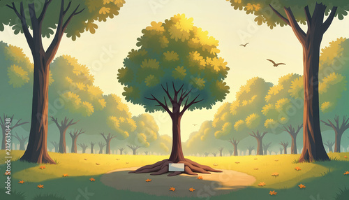 serene landscape featuring a solitary tree surrounded by lush greenery and soft light, perfect for nature themes or relaxation concepts, with copy space