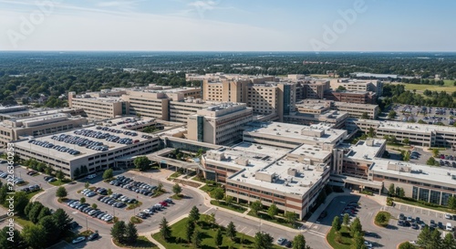 Sprawling Modern Hospital Campus with Extensive Parking Lots and Surrounding Urban Landscape