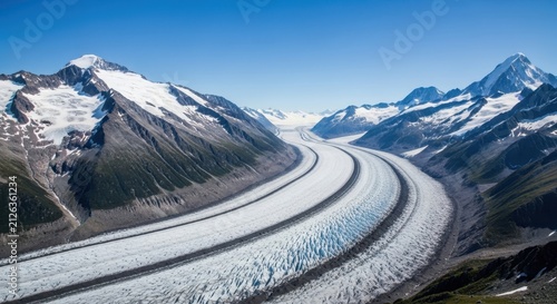 Vast glacial ice river flowing through majestic snow-capped mountains under a clear blue sky