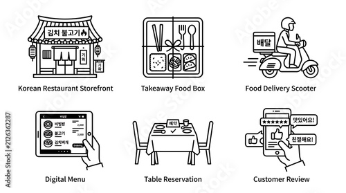 Korean Restaurant and Food Delivery Line Icon Set