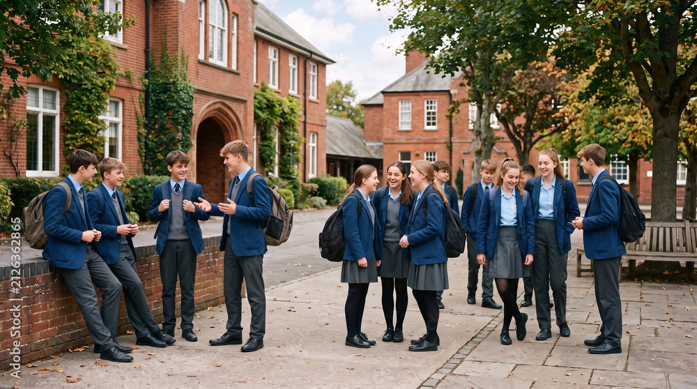 Obraz premium Group Of Teenage Students In Uniform Outside School Buildings Bact to School 1st September