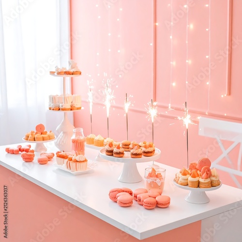 Elegant dessert table setup for a birthday celebration with pink theme.