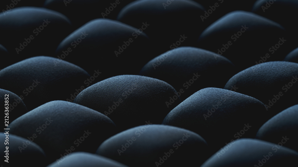 Obraz premium Macro black inflatable ergonomic seat cushion texture with selective focus, massage cubes, and modern geometric pattern for ergonomic product placement, workplace wellness, orthopedic health concepts.
