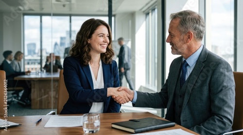 A smiling woman and a man shake hands at a wooden table in a modern office. They are engaged in a business discussion, likely finalizing a deal.