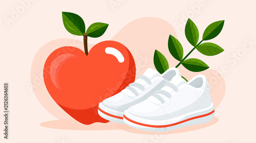 Flat design illustration of red heart apple and sneaker icons with leaf accents on soft pastel background, bright clean composition, heart health wellness concept, healthy