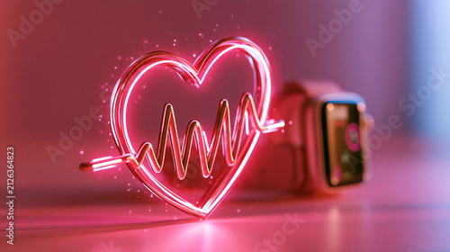 3D render of glowing heart ekg pulse line and smartwatch icon on bright pink background, cardiology technology concept, wearable health graphic, heart rate visualization, modern