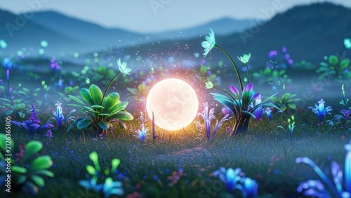 Fantasy forest with glowing mushrooms and purple flowers.