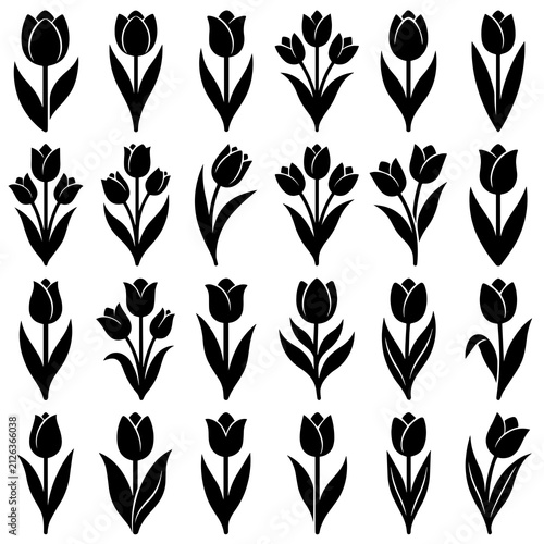 Collection of twenty-four tulip flower featuring black silhouette of single and triple tulips on white