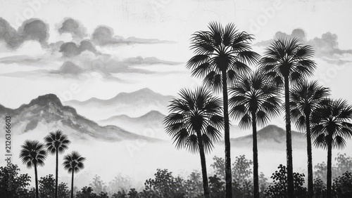 Monochrome ink wash painting of palm trees and mountains.