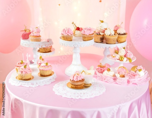 Elegant Dessert Table Setup with Pink Cupcakes and Balloons.