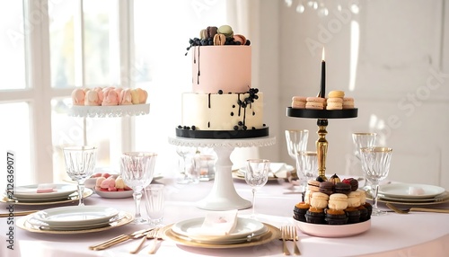Elegant dessert table setup with tiered cake and macarons.