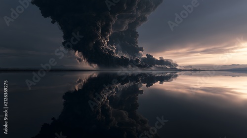 Prompt: A melancholic fine-art seascape. A perfectly flat, dark reflective lake surface is double exposed with heavy, rising plumes of deep volcanic steam and ash billowing into a twilight sky. 