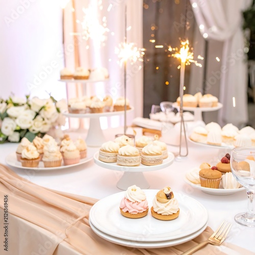 Elegant Dessert Table Setup with Sparklers and Sweets at a Wedding Reception.