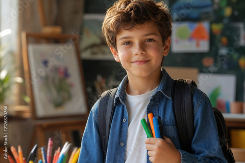 A smiling young boy holding colored markers and wearing a backpack stands inside a bright room. Concept for education, childhood, and school learning preparation.