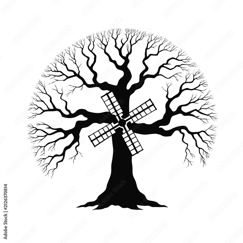 Naklejka premium Vintage windmill silhouette integrated into a tree shape with nature conservation, farm life