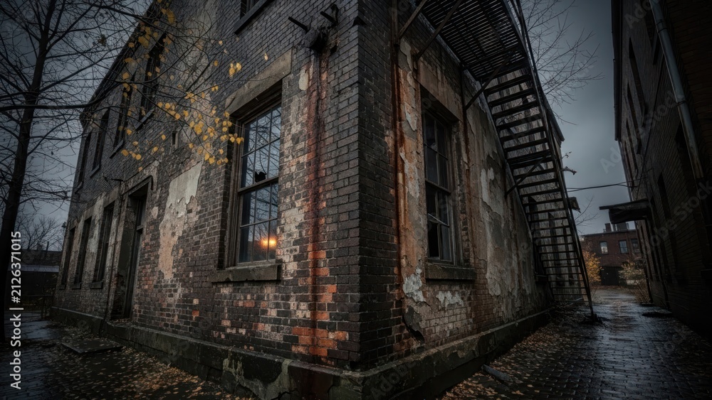 Fototapeta premium Abandoned industrial building with peeling paint and external stairs.