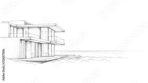Hand-drawn sketch of a modern house with ocean view