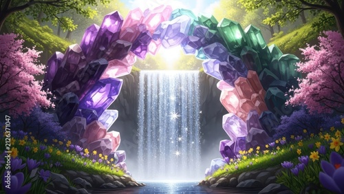 Magical crystal arch frames a sparkling waterfall in an enchanted forest.