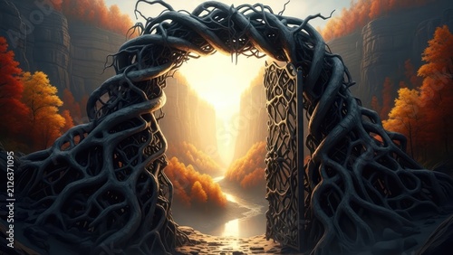 Mysterious ancient roots form a gateway in a glowing autumn canyon