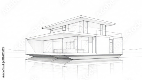 Architectural pencil sketch of a modern floating house.