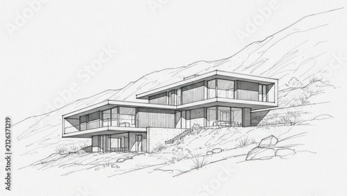 Architectural sketch of a modern house design built into a hillside.
