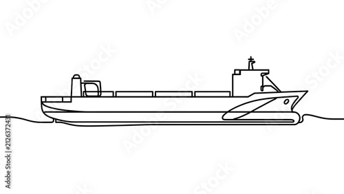 Cargo ship line drawing on white background.