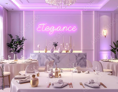 Elegant banquet hall decorated for a wedding celebration with purple lighting and neon sign.