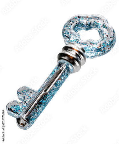 Sparkling Key Ornament: A decorative, glitter-infused key with a light blue hue, symbolizing access, opportunity, and imagination.