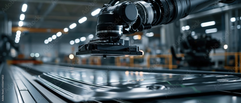 Fototapeta premium Precision robotic automation handles solar panel production on a hightech assembly line. Ideal for clean energy, manufacturing innovation, and sustainable industry campaigns.