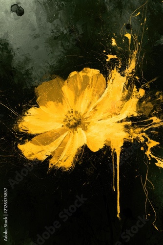 Vibrant Yellow Flower Splatter Art on Dark Textured Background.