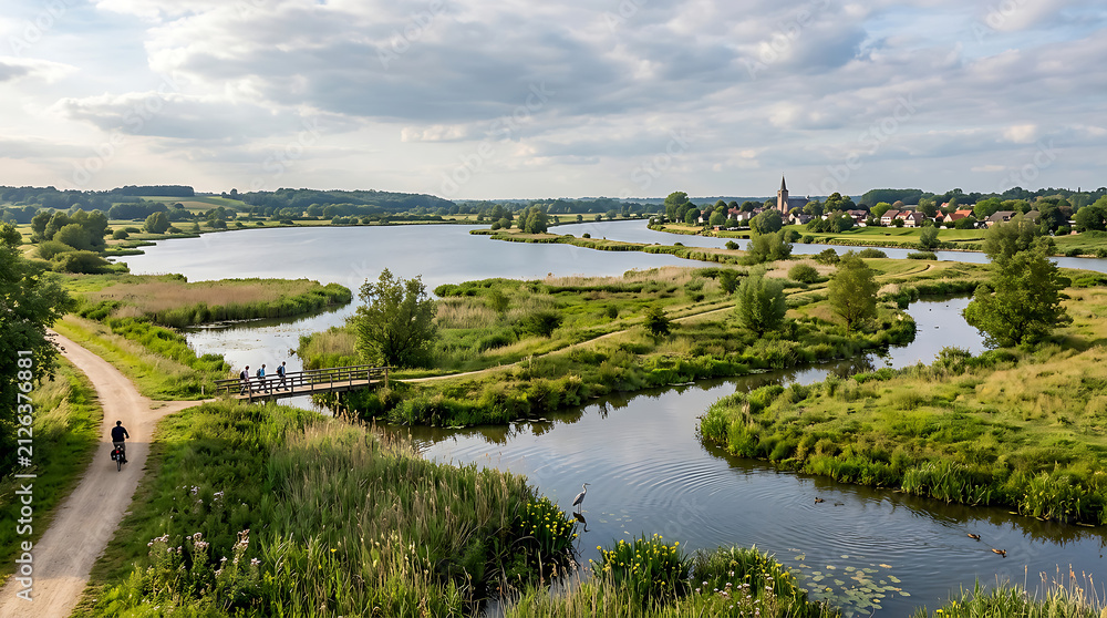 Fototapeta premium Serene countryside landscape with winding river and green fields.
