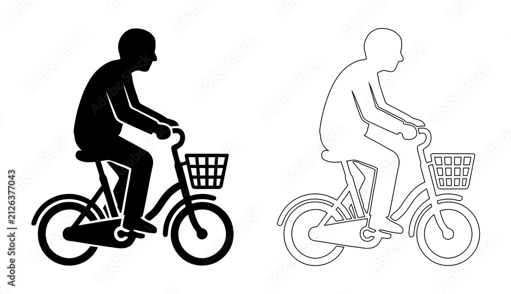 Fototapeta premium Man riding bicycle with front basket vector set silhouette and line art outline icon for cycling eco friendly transport city commute and active lifestyle