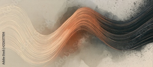 Abstract flowing waves of color, blending beige, orange, and dark gray tones.