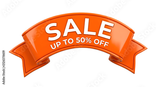 Orange 3D Sale Ribbon Banner with Up to 50 Percent Off Isolated on Transparent Background