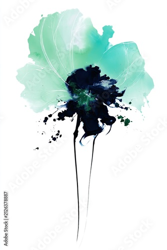 Abstract Watercolor Poppy Flower Art with Black Splatter.