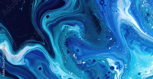 Abstract Swirls of Blue and White Paint Fluid Art.